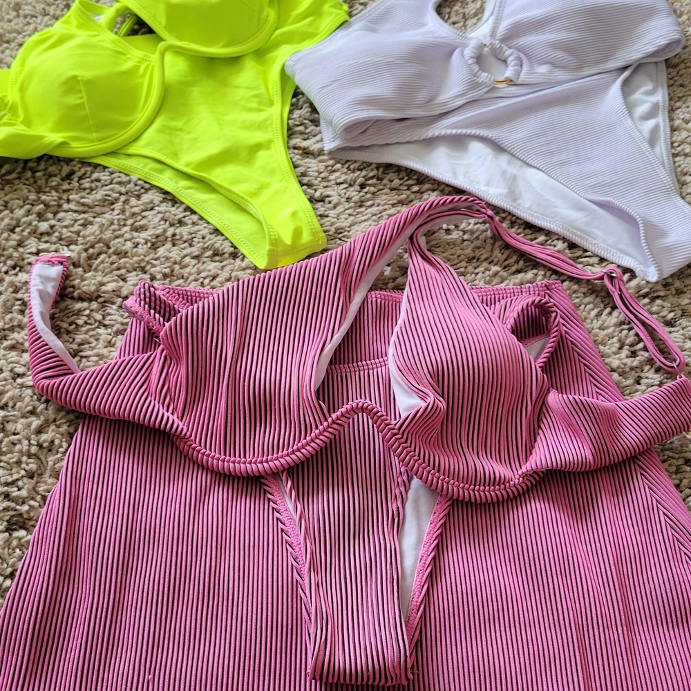 SHEIN Neon Yellow, White & Pink Striped Women’s Bikini Set